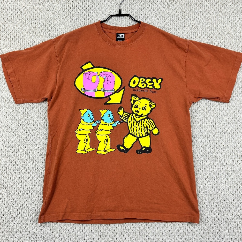 Vtg Obey T Shirt Mens Large Orange Hardware Dept Graphic Art Streetwear Y2K Tee